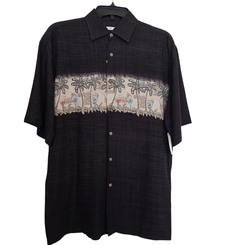 NWT Moda Campia Black Cream Tropical Drinks Palm Tree Men's Hawaiian Rayon Shirt
